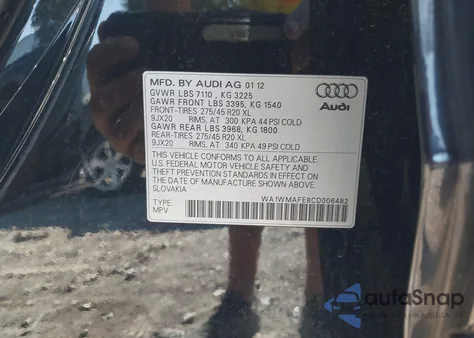 2012 Audi Q7 3.0 Tdi Premium из США, поврежденный, VIN WA1WMAFE8CD006482